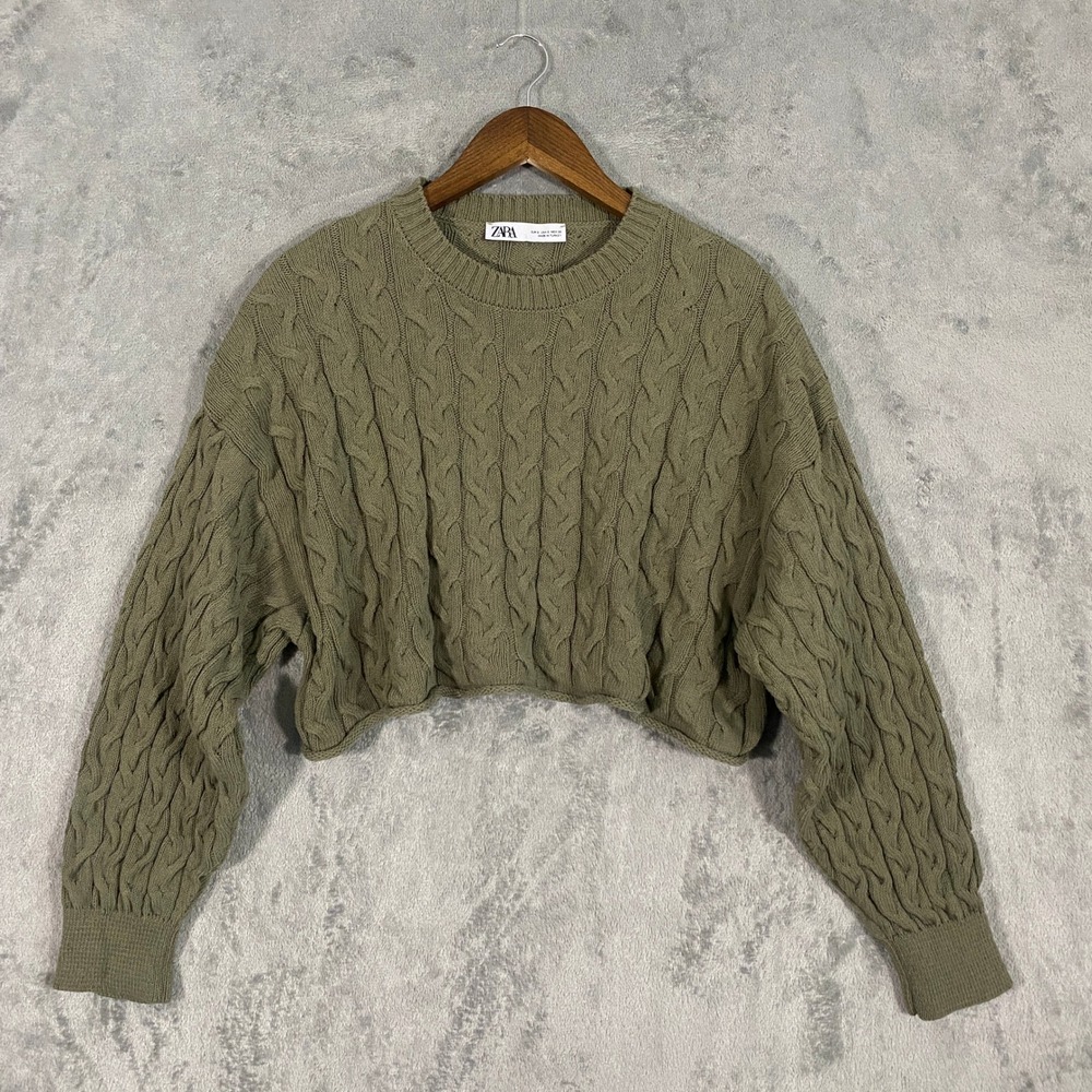 Zara Sweater Sz S Green Cable Knit Cropped Chunky Long Sleeve Relaxed Fit Boho